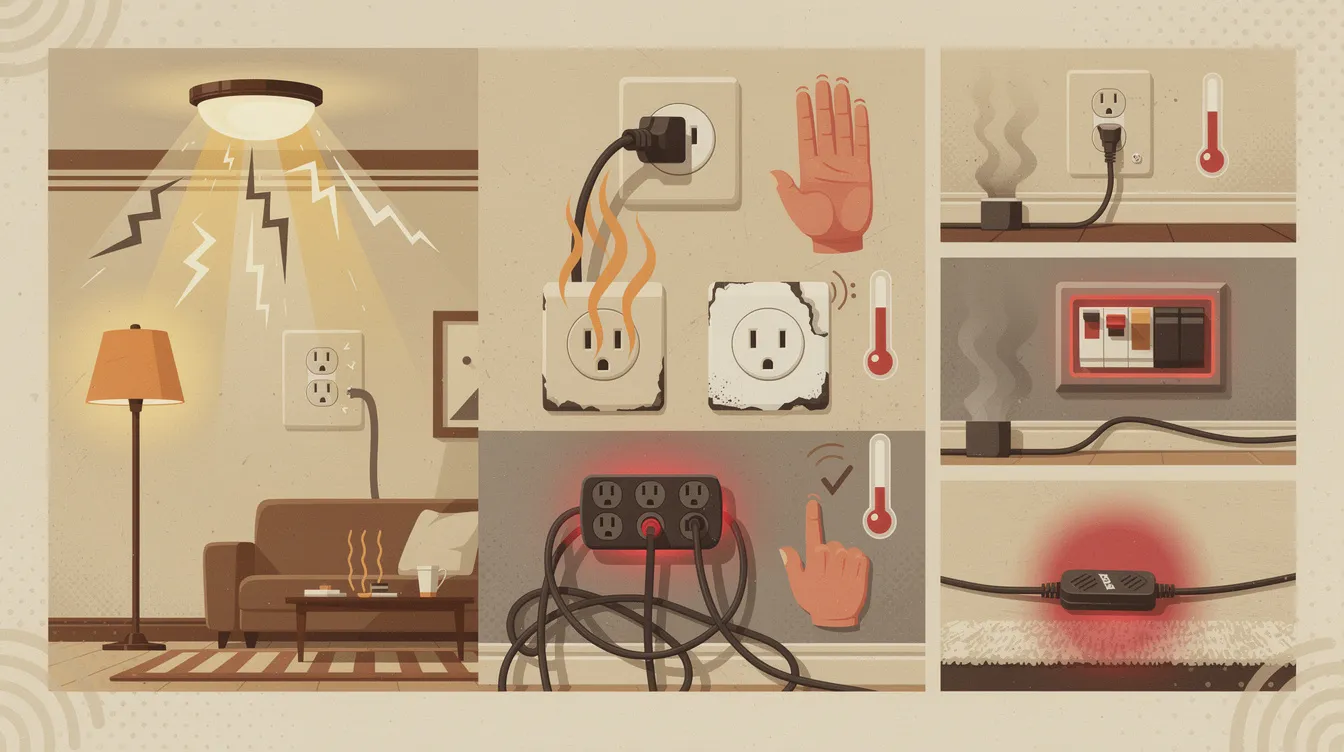 Visual cues of warning signs for electrical problems, including flickering lights and warm outlets, to prevent electrical fires at home.
