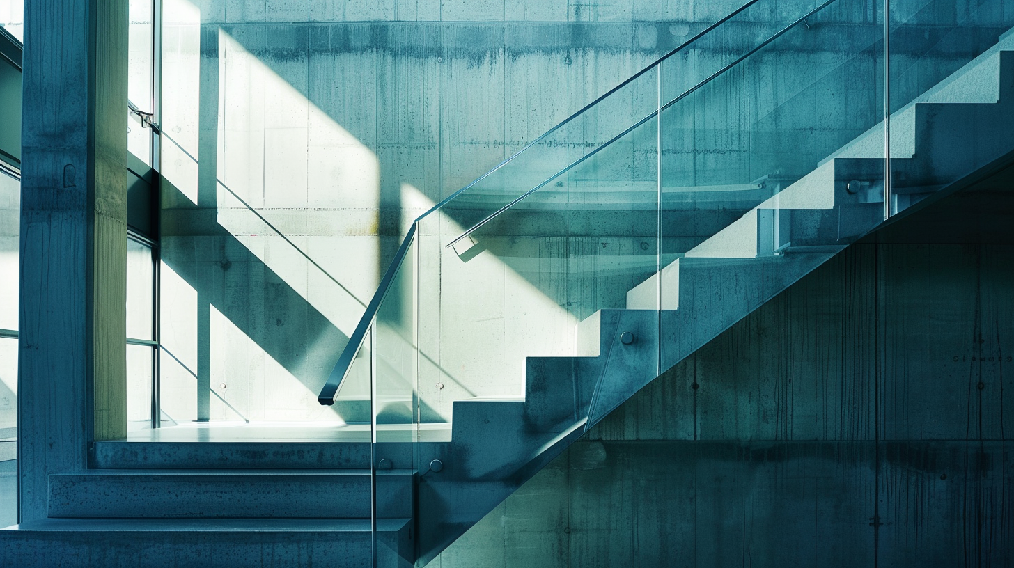 Interior with a stylish staircase and detailed railings, focusing on architectural design and space shaping.