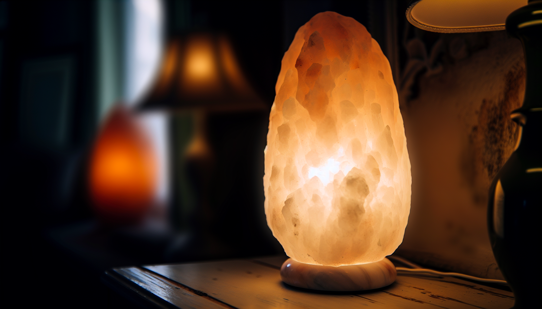 A hand-carved white Himalayan salt lamp glowing softly in a dimly lit room