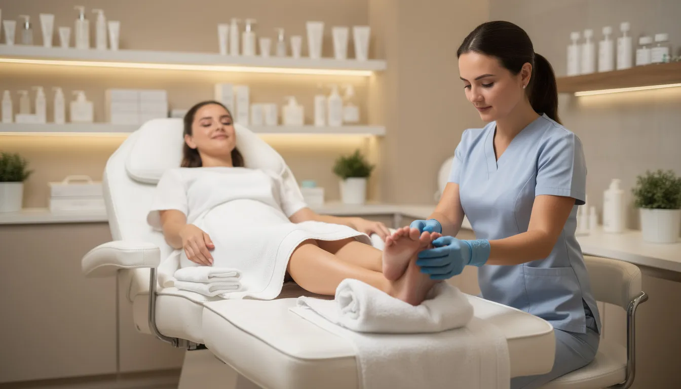 Kobieta relaksuje się podczas profesjonalnego zabiegu na stopy w salonie, gdzie kosmetyczka wykonuje pedicure kwasowy, usuwając zrogowaciały naskórek i dbając o zdrowy wygląd paznokci stóp. W tle widać przyjemną atmosferę salonu, co sprzyja odprężeniu i pielęgnacji stóp.