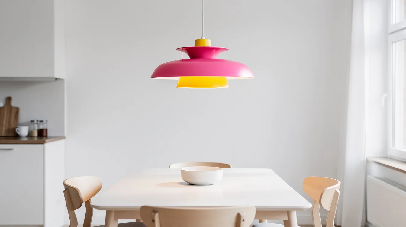 En färgglad rosa och gul pendellampa hänger över ett ljust matbord i ett skandinaviskt kök med vita väggar, vilket skapar en livlig och inbjudande känsla i rummet. Belysningen från lampan ger en varm och trivsam atmosfär, perfekt för måltider och samvaro.