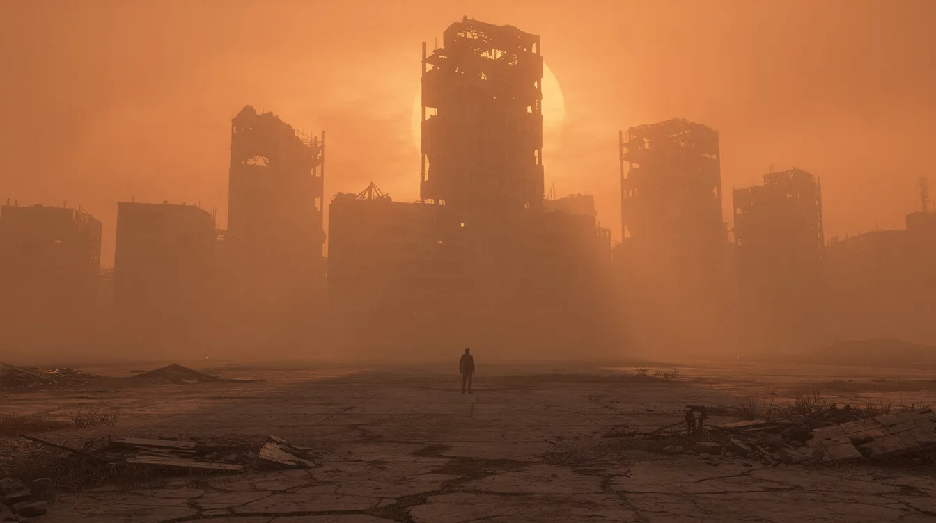 Die weitläufige Landschaft ist in einem intensiven Orange-Dunst gehüllt, während eine einsame Gestalt vor der Silhouette kolossaler, verfallener Gebäude steht, die an die dystopische Welt von Ridley Scotts "Blade Runner" erinnern. Die Szene vermittelt ein Gefühl von Isolation und Futurismus, das typisch für Science-Fiction-Filme ist.