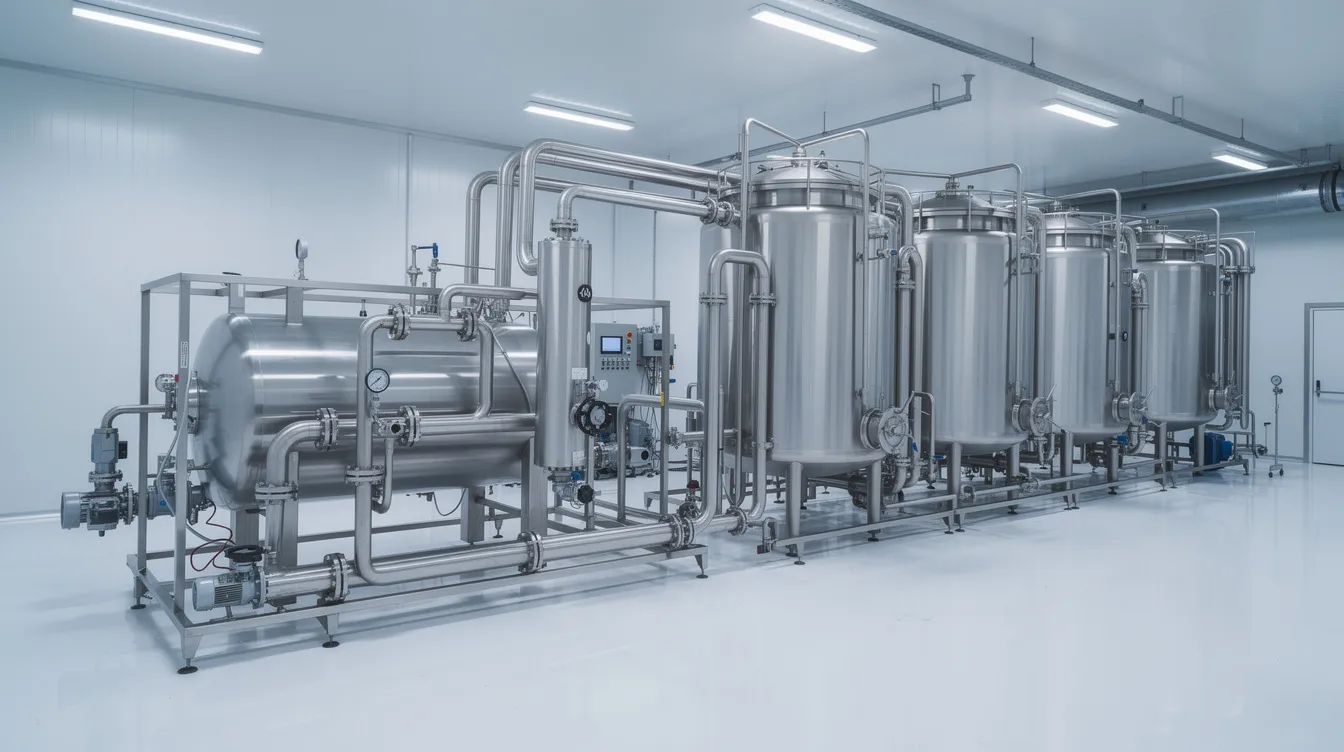 The image depicts an industrial stainless steel dairy processing plant featuring advanced machinery, including pipes and tanks, designed for uht milk processing. The clean manufacturing facility highlights the equipment necessary for ensuring microbiological safety and the production of dairy products with a long shelf life.