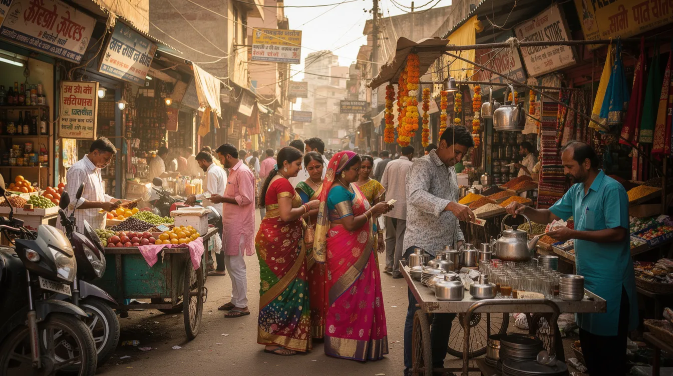 4f2528e3 2473 450b ac07 66232afcc4b1 The image depicts a bustling Indian marketplace filled with small shops and vendors actively serving customers, showcasing the vibrant atmosphere of local commerce. This scene reflects the essence of financial inclusion and the role of initiatives like the Pradhan Mantri Mudra Yojana in supporting micro units and enhancing women's economic empowerment through access to collateral-free institutional credit.