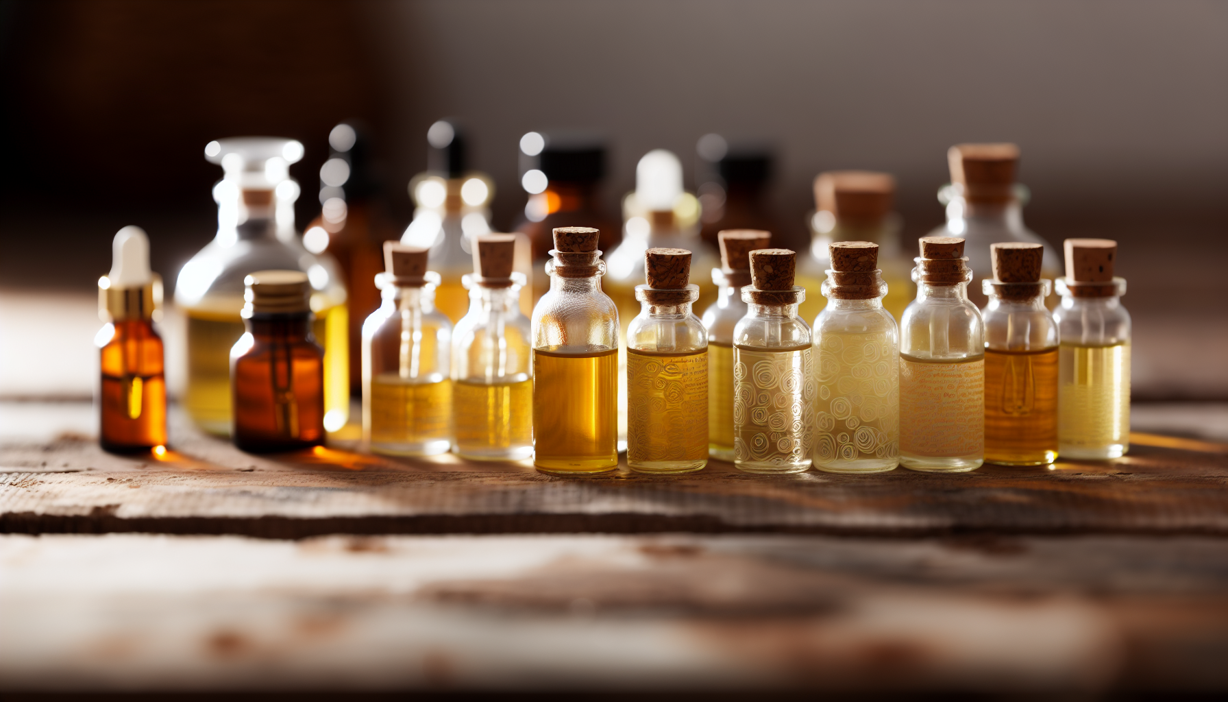 Bottles of various beard oils lined up on a wooden surface