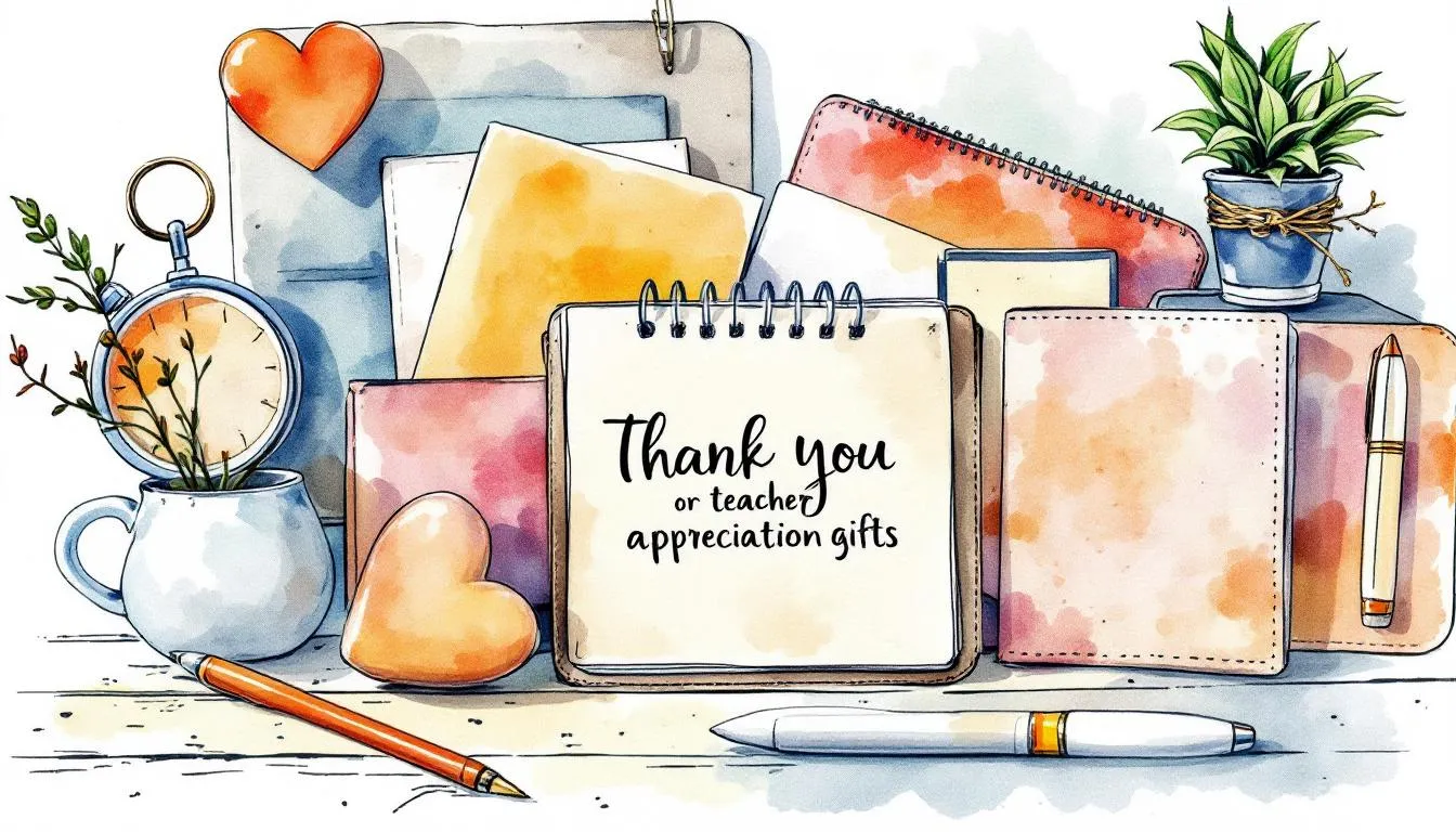 A thoughtful collection of teacher appreciation gifts including personalized stationery.