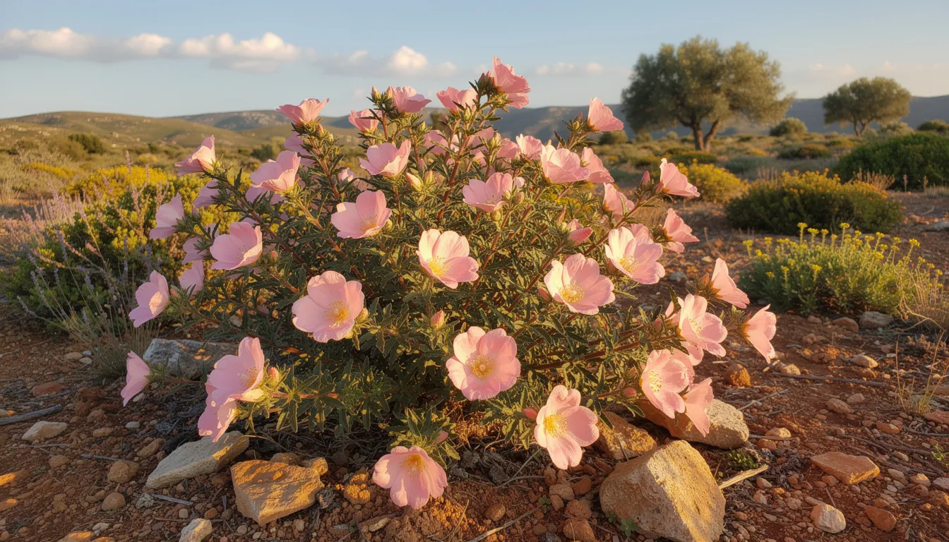 Die Zistrose, auch bekannt als Cistus incanus, blüht mit zarten rosa Blüten in einer typischen mediterranen Landschaft, umgeben von grünen Sträuchern und dem blauen Himmel des Mittelmeerraums. Diese Heilpflanze ist bekannt für ihre positiven Eigenschaften und wird häufig zur Unterstützung des Immunsystems verwendet.
