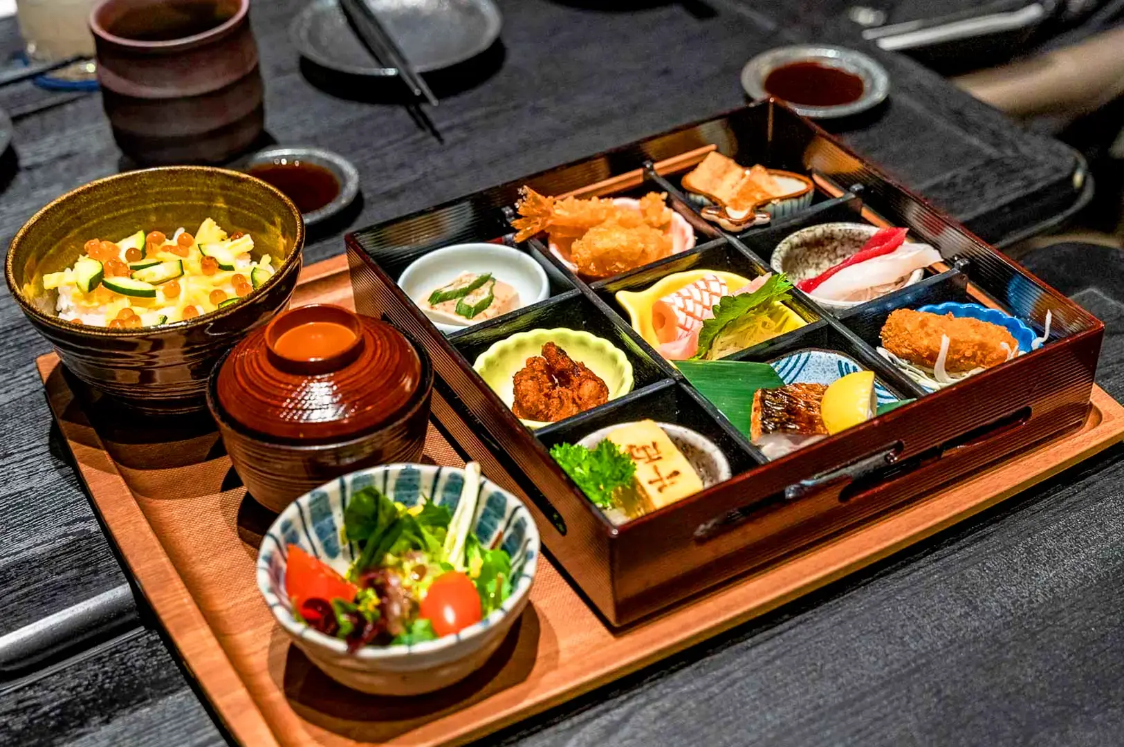 Sen-Ryo Singapore Japanese bento set with sashimi, tempura, grilled fish, rice and traditional side dishes