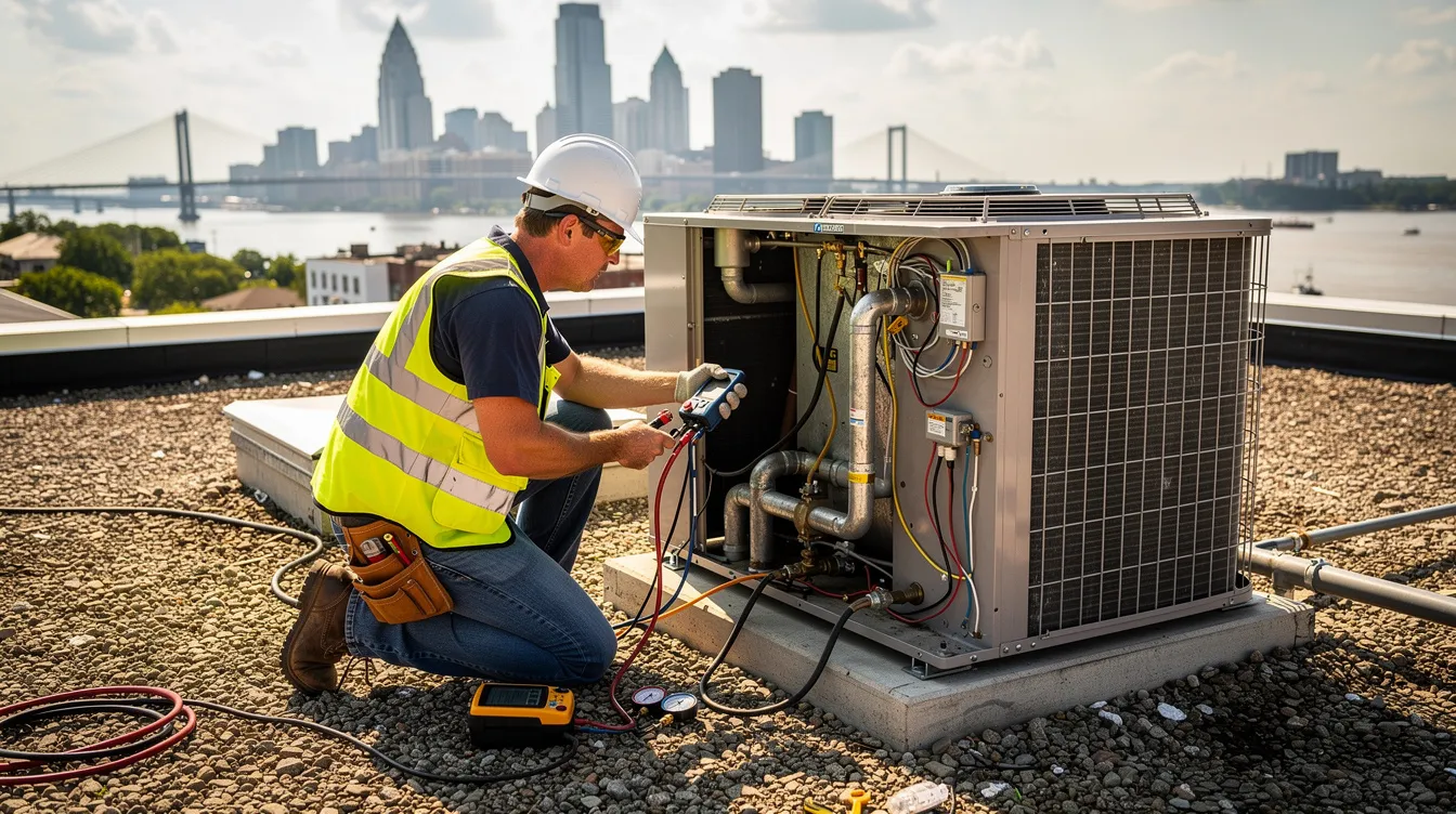 A technician is working on a large rooftop commercial HVAC unit, with the New Orleans skyline visible in the background. The scene highlights the importance of HVAC services in maintaining efficient air conditioning systems, especially in the intense heat of the city.