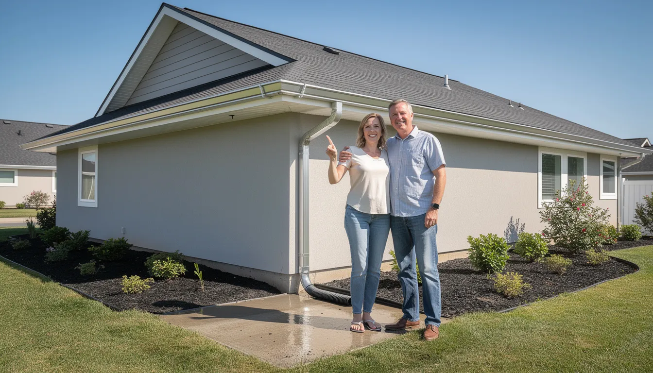 The image shows a pair of happy homeowners standing proudly next to their newly repaired gutter drainage system, which showcases quality craftsmanship and proper water flow. Their satisfaction reflects the exceptional service provided by a reliable team specializing in gutter repair and maintenance in Pueblo, CO.