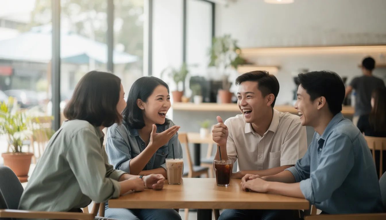 A group of young Thai friends is laughing and chatting in a modern café, embodying the vibrant Thai culture with their lighthearted conversation and use of slang words. The atmosphere is filled with joy as they enjoy each other's company, showcasing the fun and friendly nature of Thai people.
