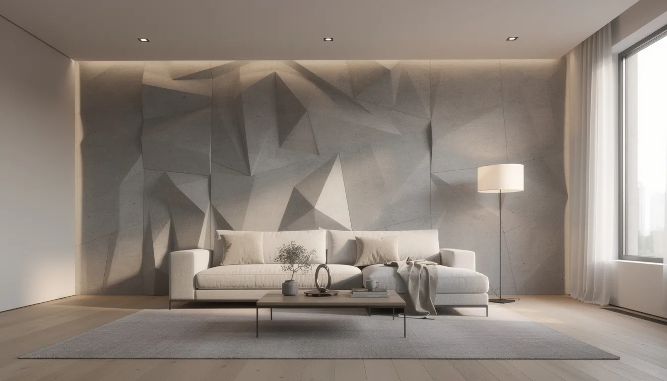 Een moderne woonkamer met grijze 3D betonlook wandpanelen, die een unieke uitstraling geven aan de ruimte, achter een stijlvolle designbank. De sfeervolle verlichting accentueert de decoratieve wandpanelen en creëert een warme en uitnodigende sfeer.