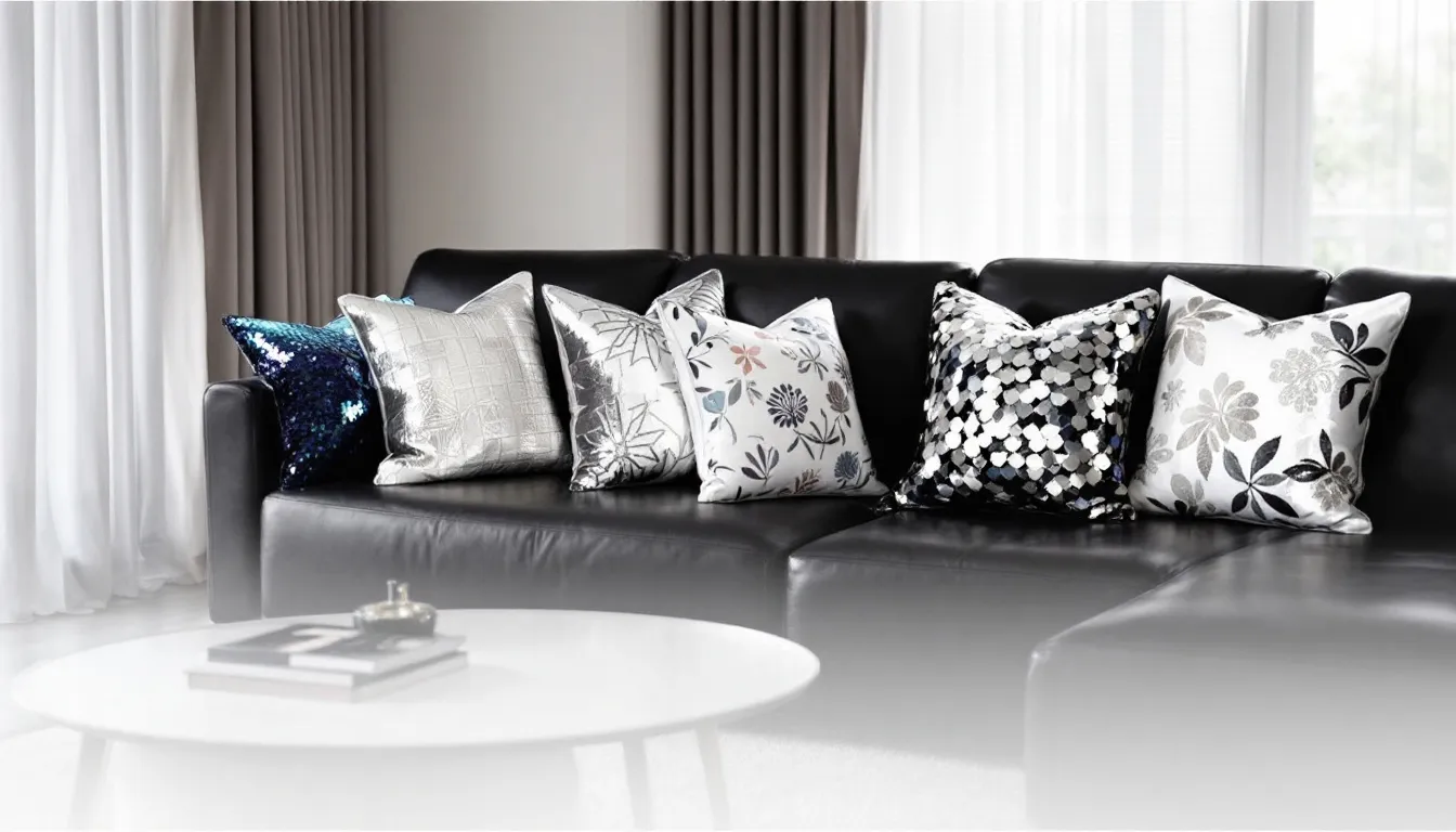 The image depicts a cozy living room featuring a sofa adorned with custom sequin pillows, each displaying different revealed designs when the sequins are flipped. This vibrant home decor adds a playful touch to the living space, making it a must-have for special occasions or as a personalized gift for loved ones.