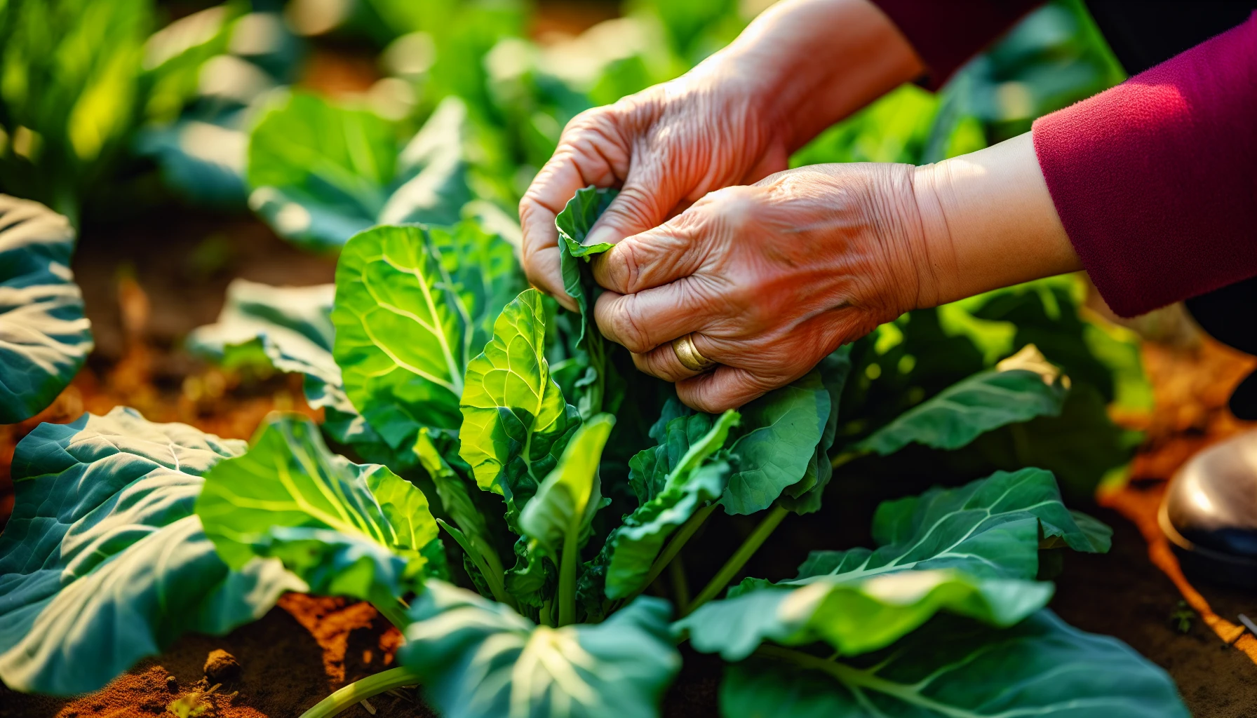 Harvesting fresh collard greens