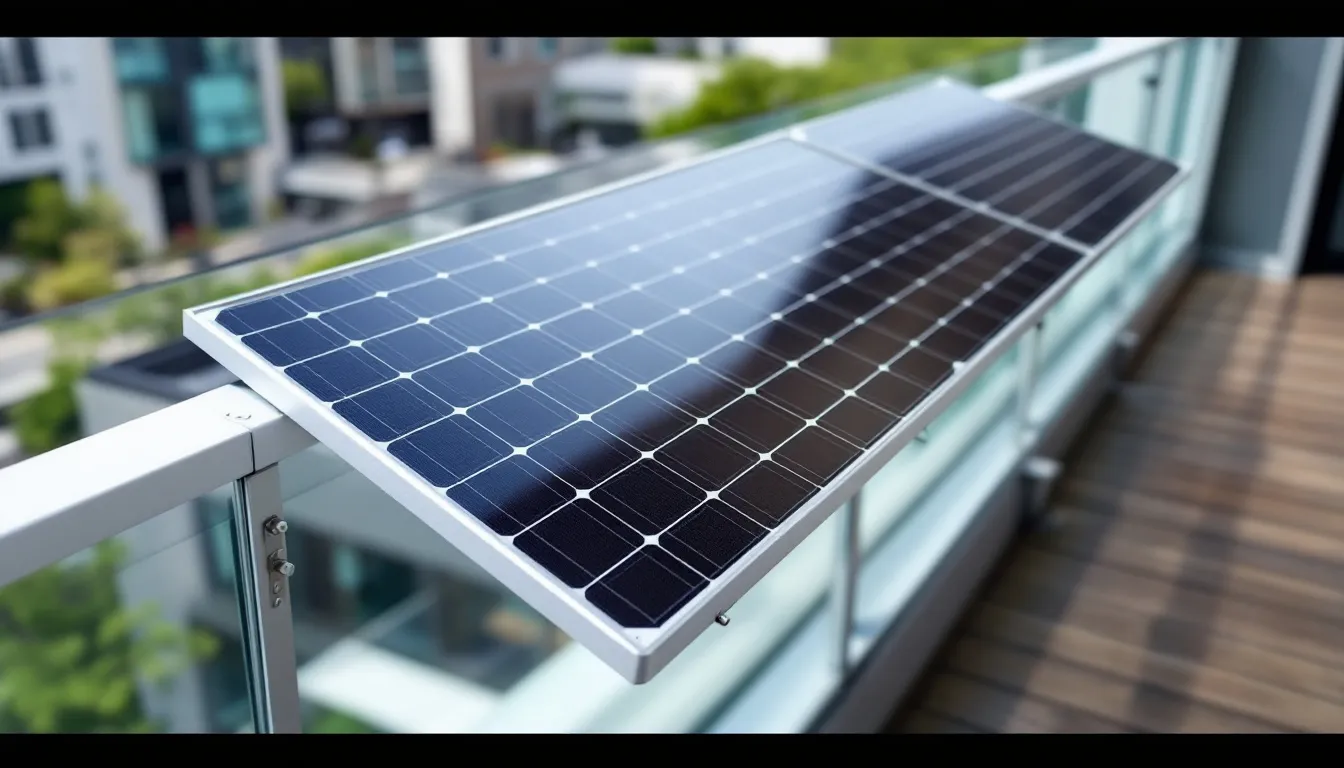 Die Abbildung zeigt Solarmodule, die optimal nach Süden ausgerichtet auf einem Balkongeländer installiert sind. Diese Plug Play Solaranlage nutzt Sonnenenergie zur Stromerzeugung und ist eine ideale Lösung für Haushalte, die ihren eigenen Solarstrom erzeugen möchten.