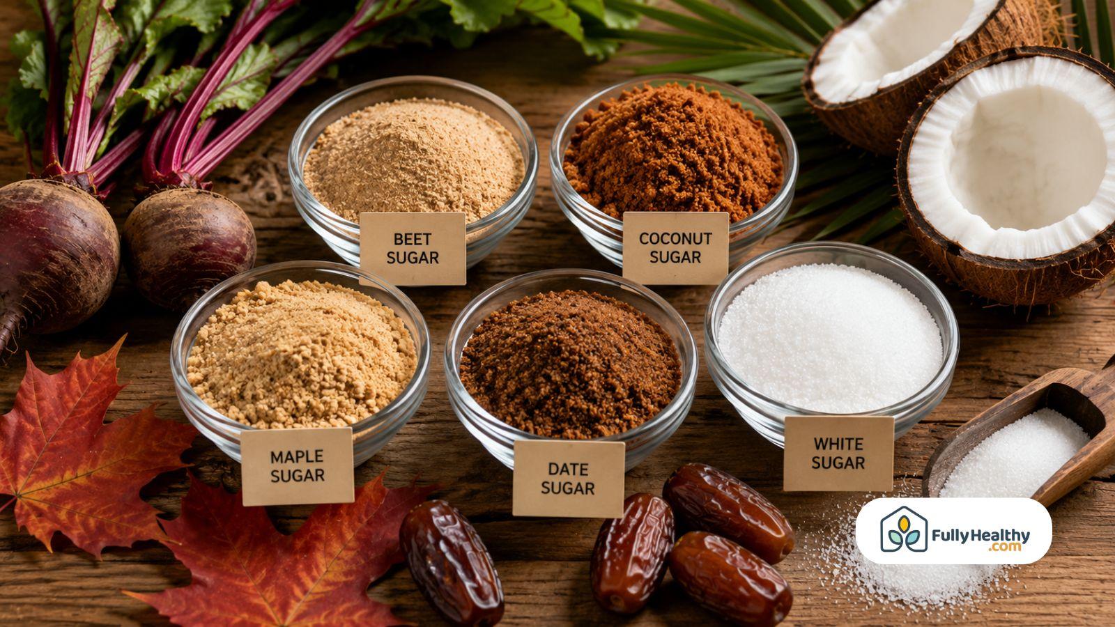 Different natural and refined sugars displayed with labeled bowls and fresh ingredients