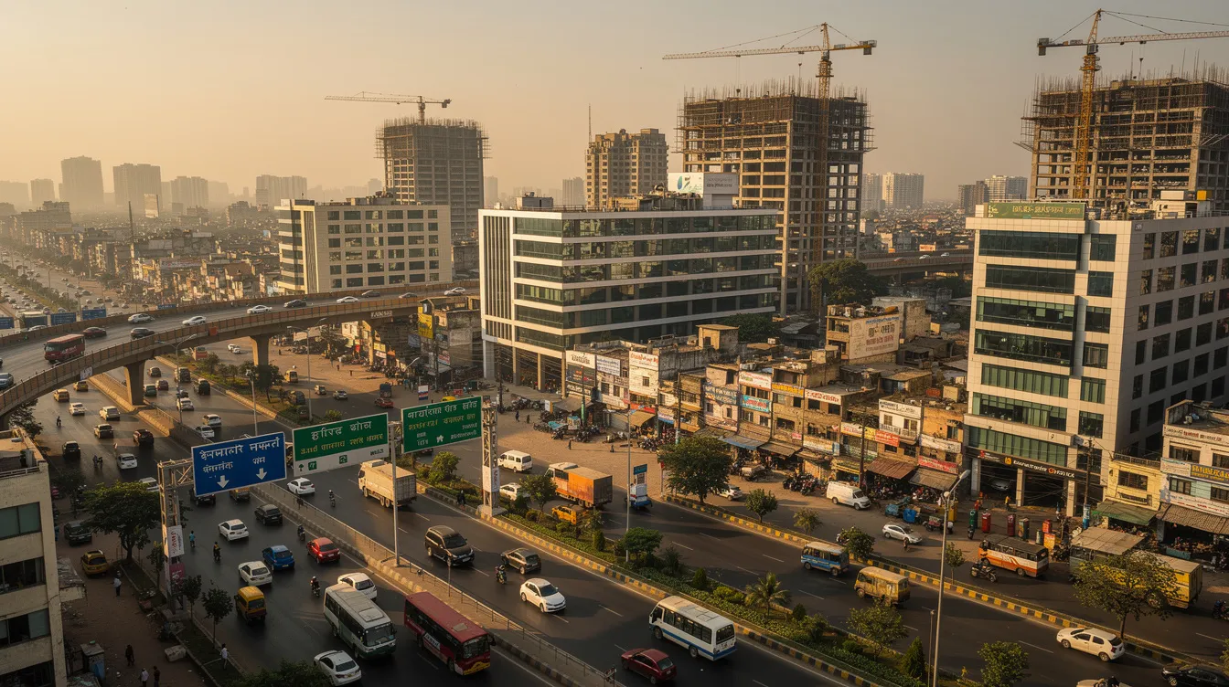 The image depicts a panoramic view of a developing urban area in India, showcasing a blend of commercial buildings and highway infrastructure, indicative of ongoing hotel development projects. This dynamic landscape highlights the potential for a hotel feasibility study, focusing on market analysis and financial viability in the region.