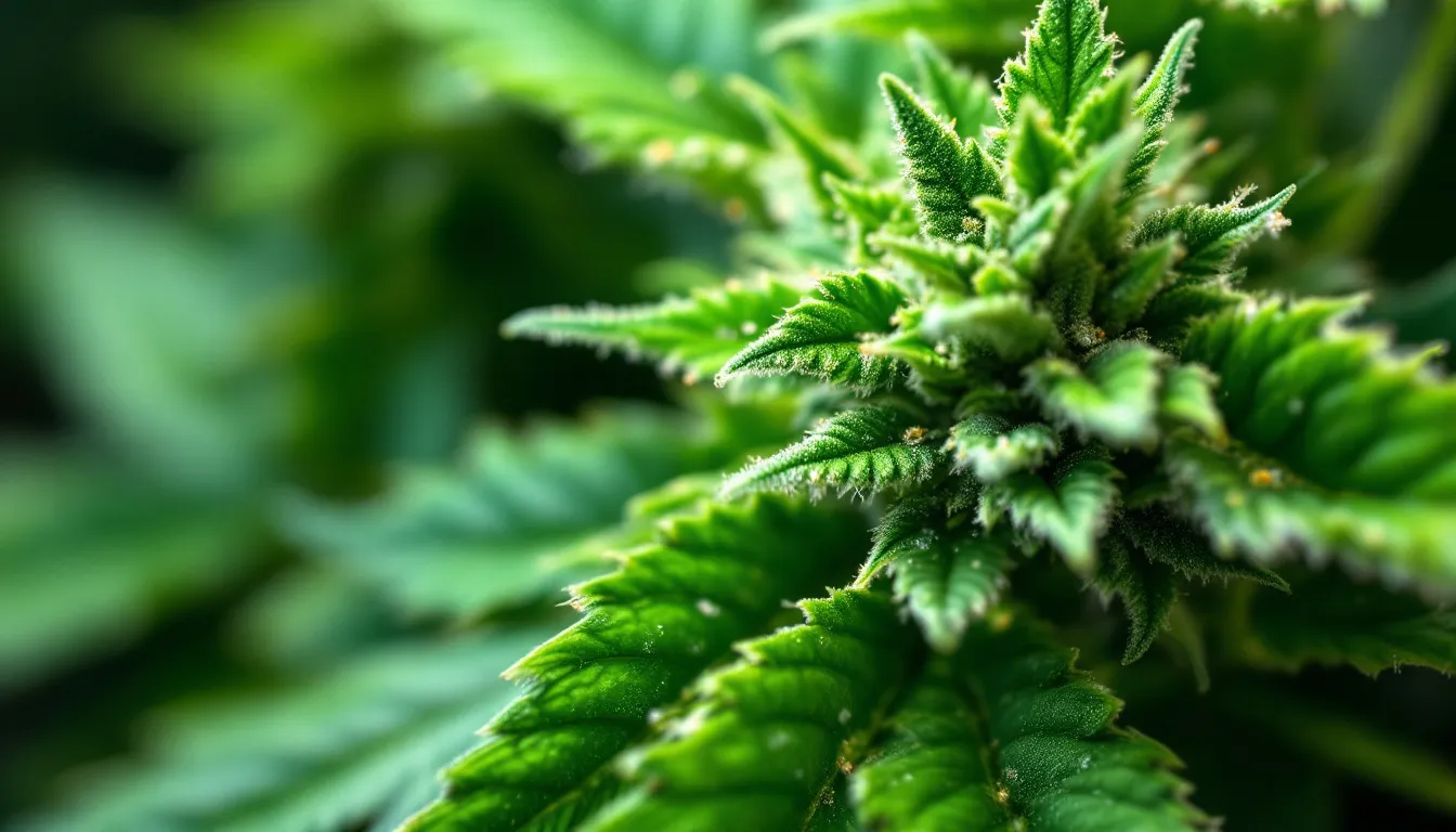 A close-up view of a cannabis plant showcasing its vibrant green leaves and trichomes, highlighting the terpenes found in cannabis.