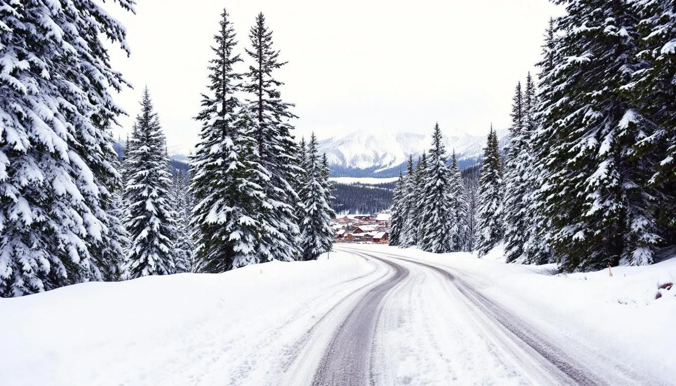 A winding mountain road meanders through a snow-covered forest, leading to the picturesque Brian Head village, nestled in the heart of southern Utah. The scene captures the serene beauty of winter, with towering trees blanketed in snow, inviting visitors to explore the nearby Brian Head ski resort and its winter activities.