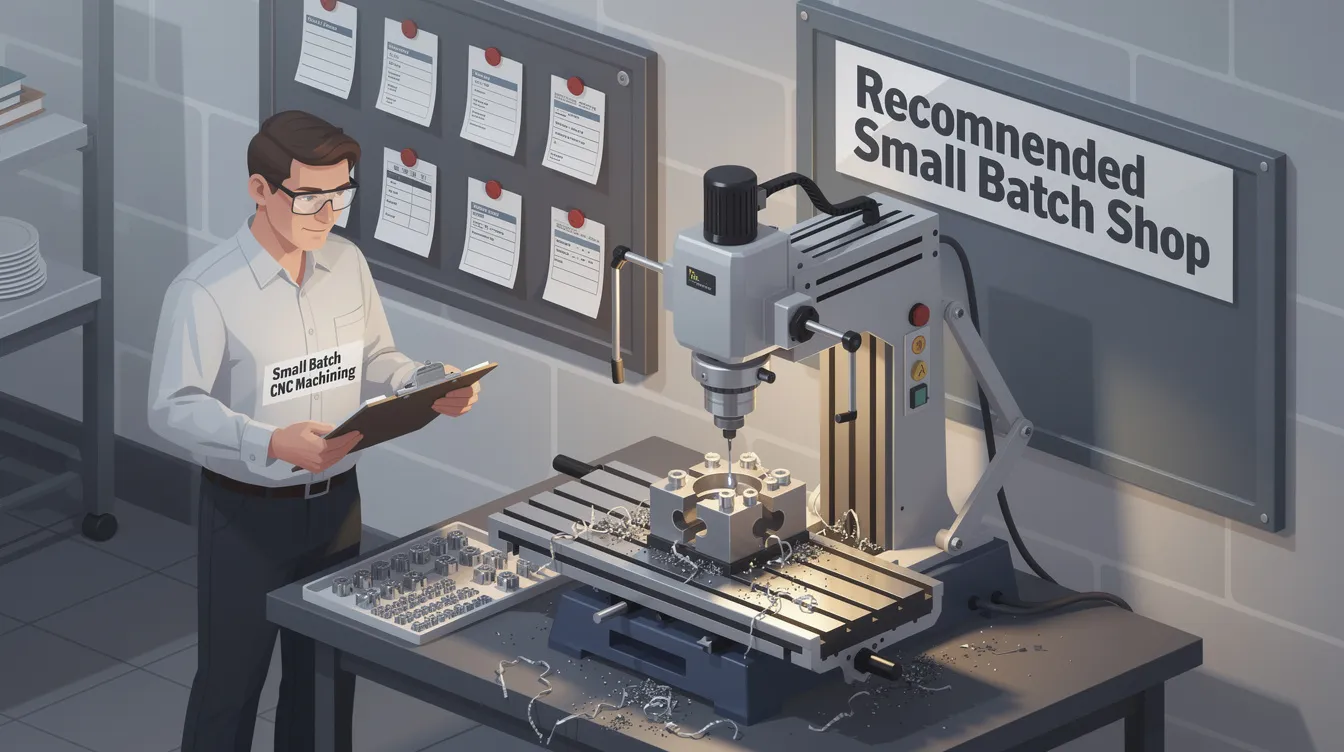An image depicting various small batch CNC machining services, showcasing custom machined aluminum parts and examples of high precision mechanical components. The scene highlights the advantages of low volume CNC machining, emphasizing reliable part quality and competitive pricing for small production runs.