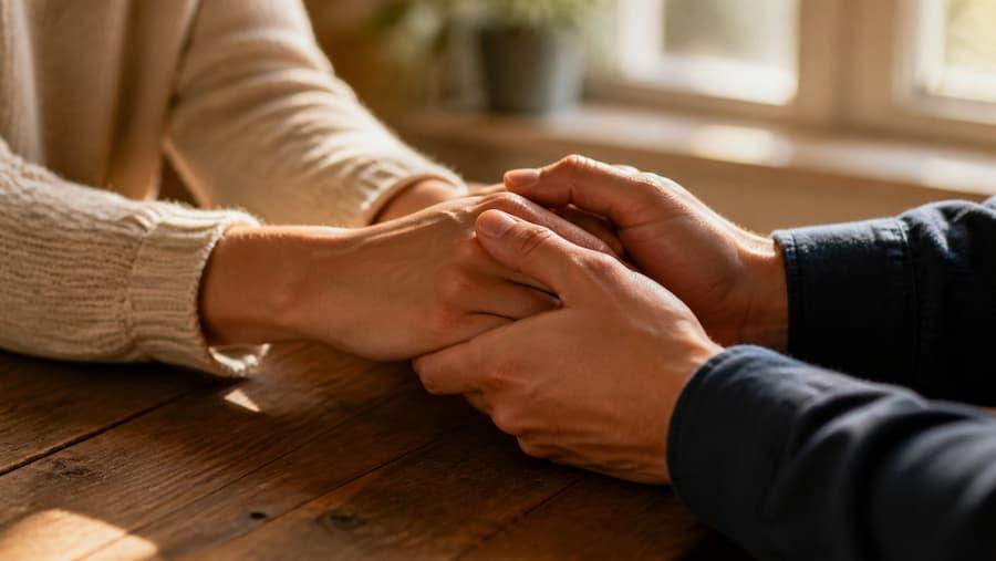Two people holding hands to comfort someone who lost a loved one.