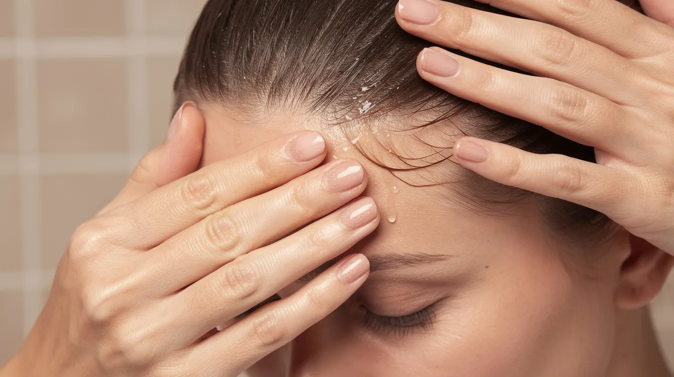A woman is gently massaging cold pressed castor oil into her scalp with her fingertips, while her hair is pulled back, highlighting the nourishing benefits of this organic oil for hair growth. The scene emphasizes a natural beauty routine, promoting healthier hair and a dry scalp treatment.