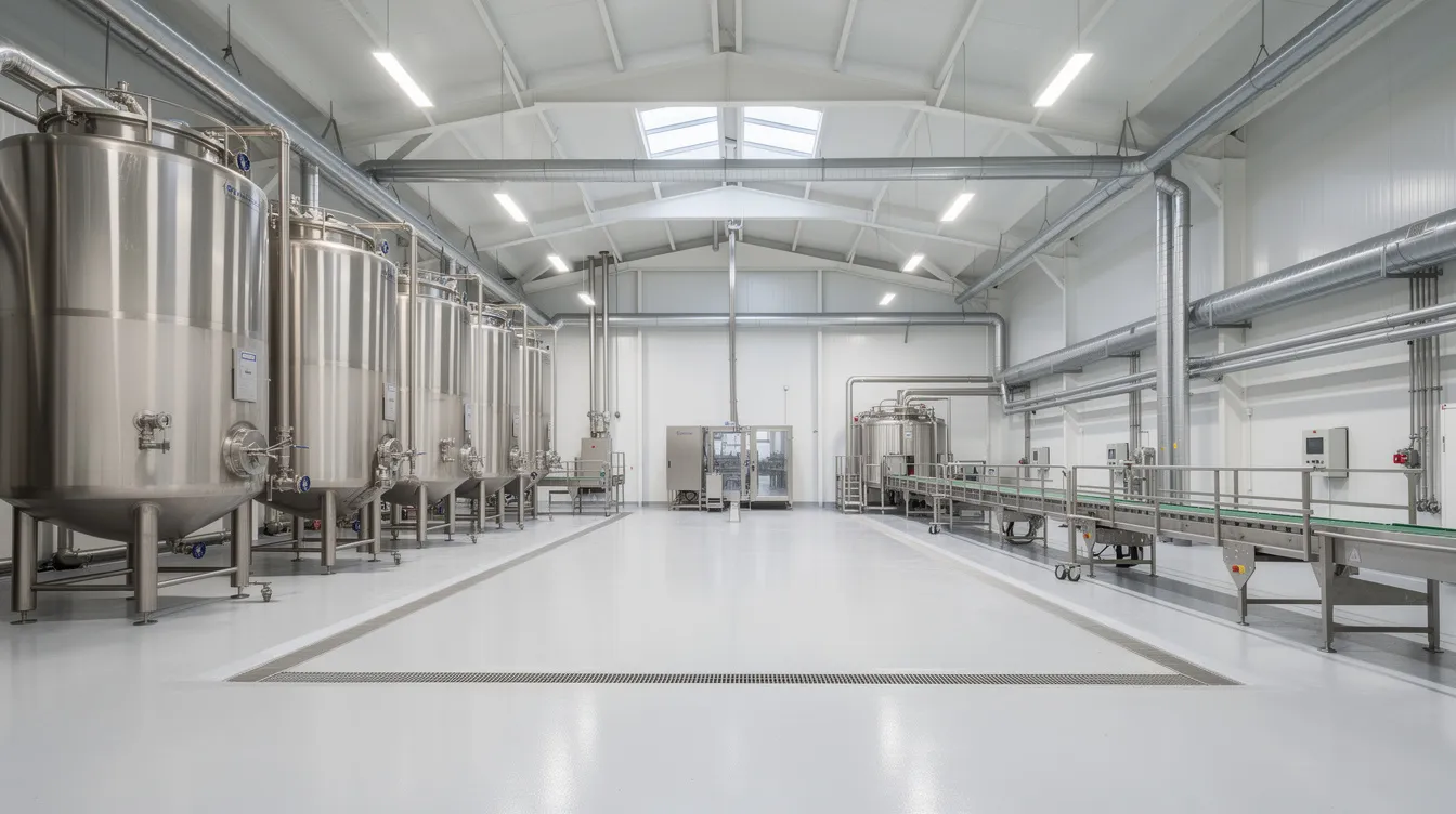 The image depicts the interior of a clean dairy processing hall, showcasing stainless steel tanks and piping under high ceilings, indicative of a modern milk processing plant. The sterile environment highlights the importance of hygiene and efficiency in dairy processing operations.