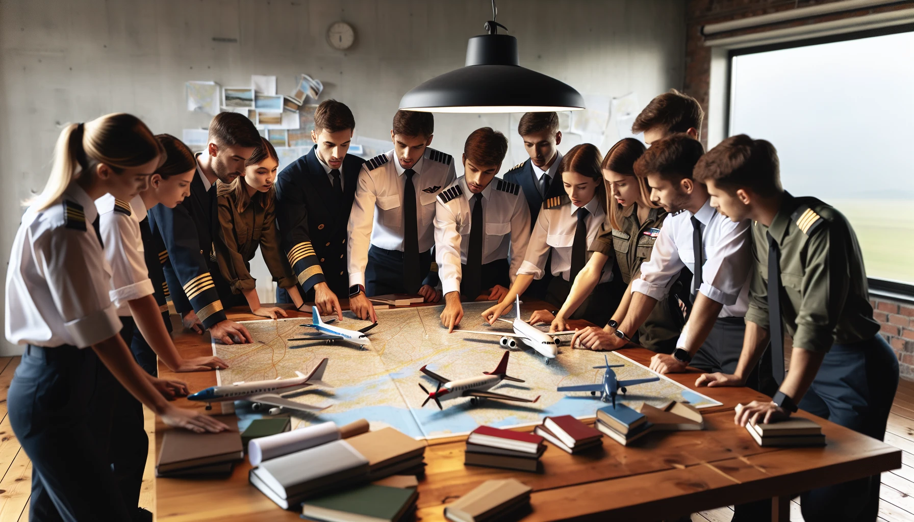 A group of student pilots studying together in a classroom