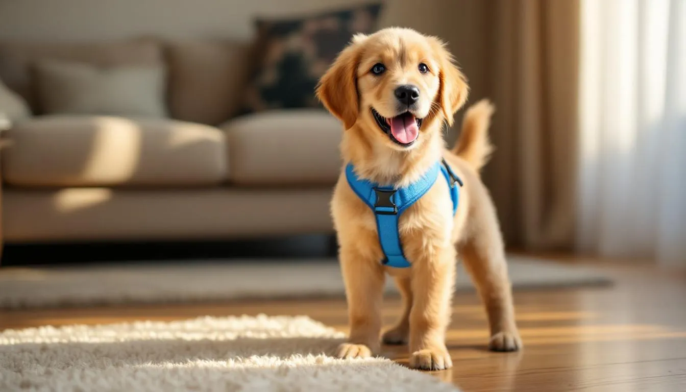 A happy puppy is indoors, wearing a properly fitted harness that aids in leash training. The pup appears excited and ready for a training session, showcasing good behavior as it prepares to practice walking on a leash.