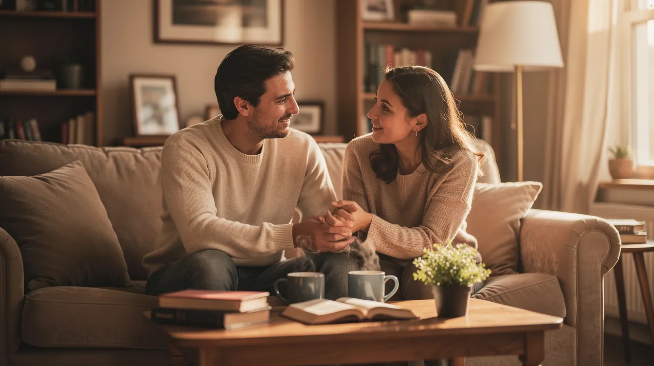 The image depicts two individuals engaged in a calm and warm conversation in a cozy setting, fostering a sense of self-awareness and emotional regulation. This safe environment encourages them to explore feelings of shame and self-compassion, promoting healing from toxic shame and enhancing their mental health.