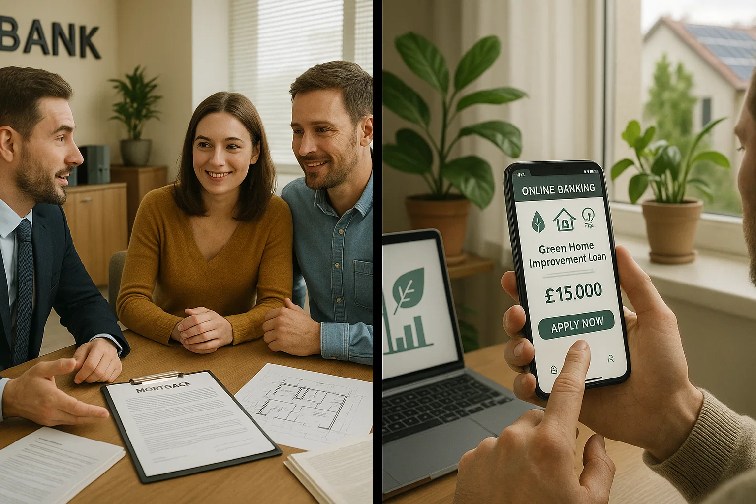 Side-by-side visual of homeowners comparing a green mortgage with a green home improvement loan, highlighting different financing routes for sustainable living.