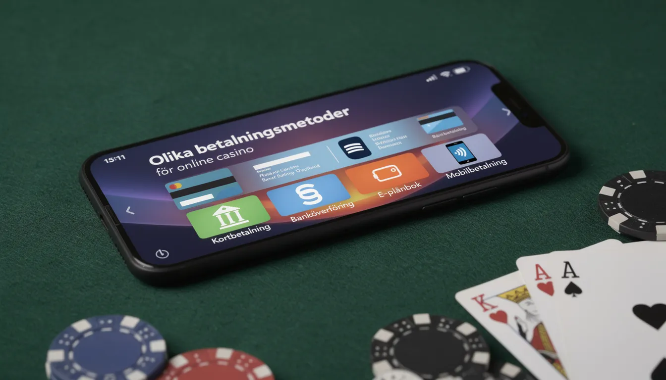 En smartphone visar olika betalningsmetoder för online casino, inklusive zimpler som en snabb och säker betalningsmetod för insättningar och uttag. Bilden framhäver också fördelarna med att använda zimpler hos casinon med svensk licens.