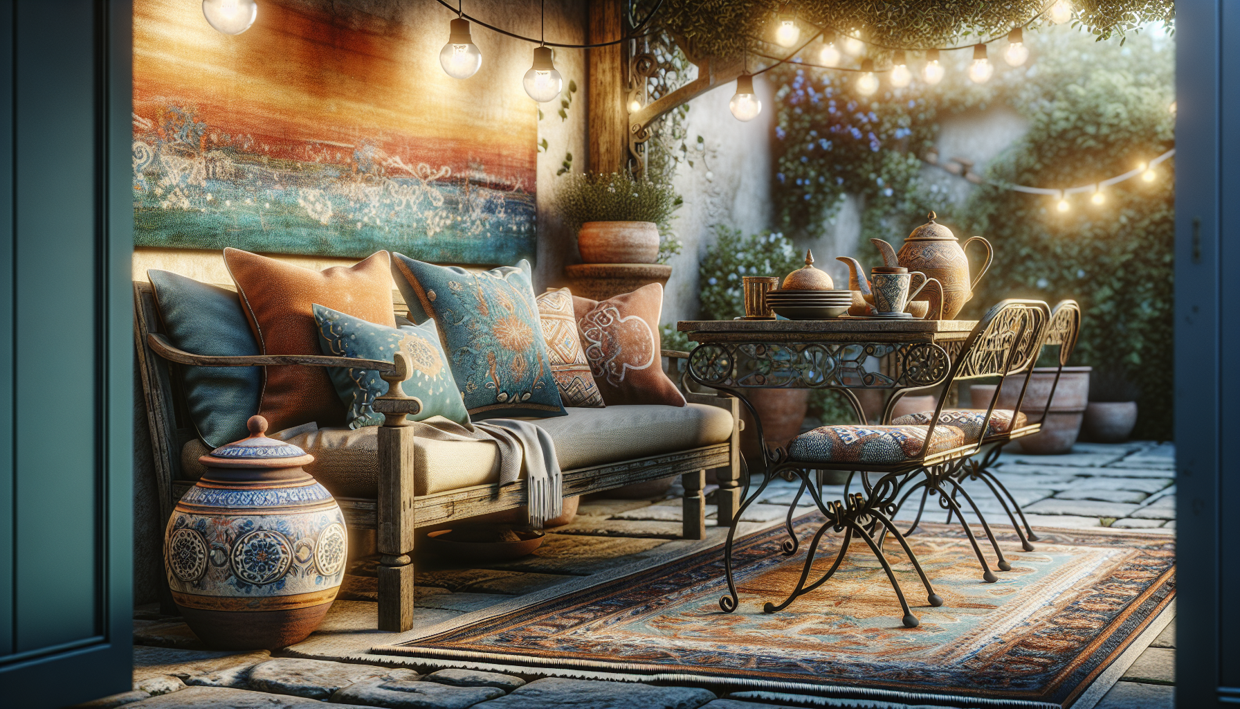 Patio decor with complementary accessories including cushions, rugs, and tableware