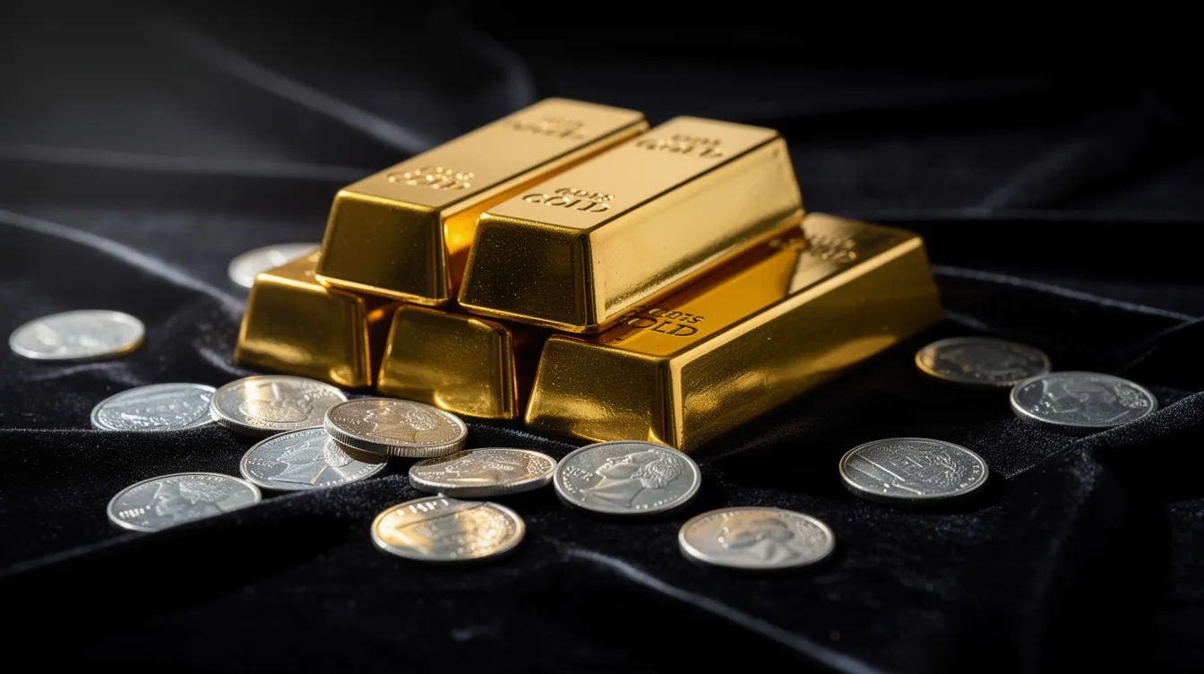 Neatly stacked gold bars beside a collection of silver coins displayed on dark velvet
