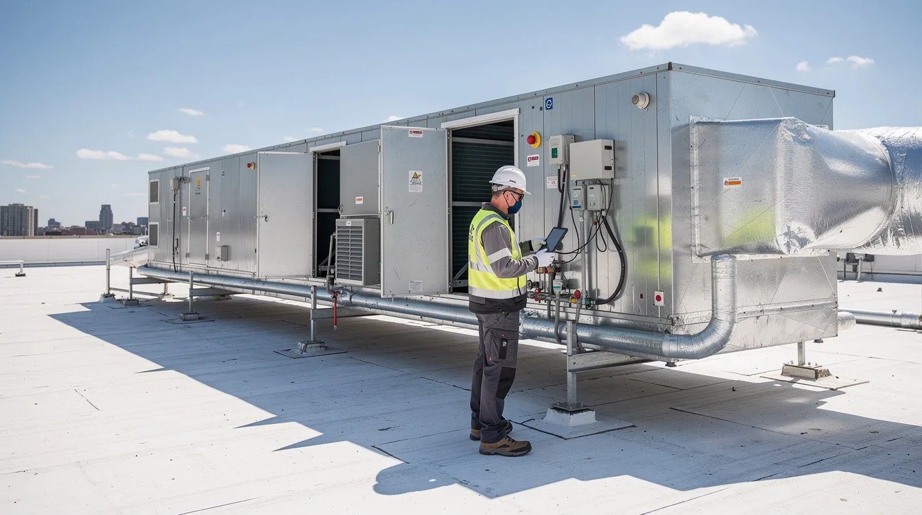 An HVAC technician is inspecting a large commercial rooftop air handling unit on a sunny day, demonstrating hands-on training and expertise essential for skilled trades. This scene highlights the importance of HVAC technician apprenticeships in preparing individuals for careers in the construction industry.