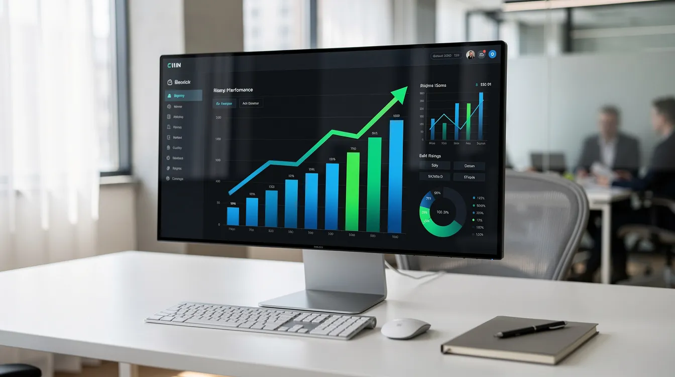 The image shows a modern office setting with a digital screen displaying a growing chart, symbolizing the upward trend in financial data. This visual represents the impact of AI accounting tools and technology on financial management, highlighting how AI can enhance the efficiency of accounting professionals and streamline data entry tasks.