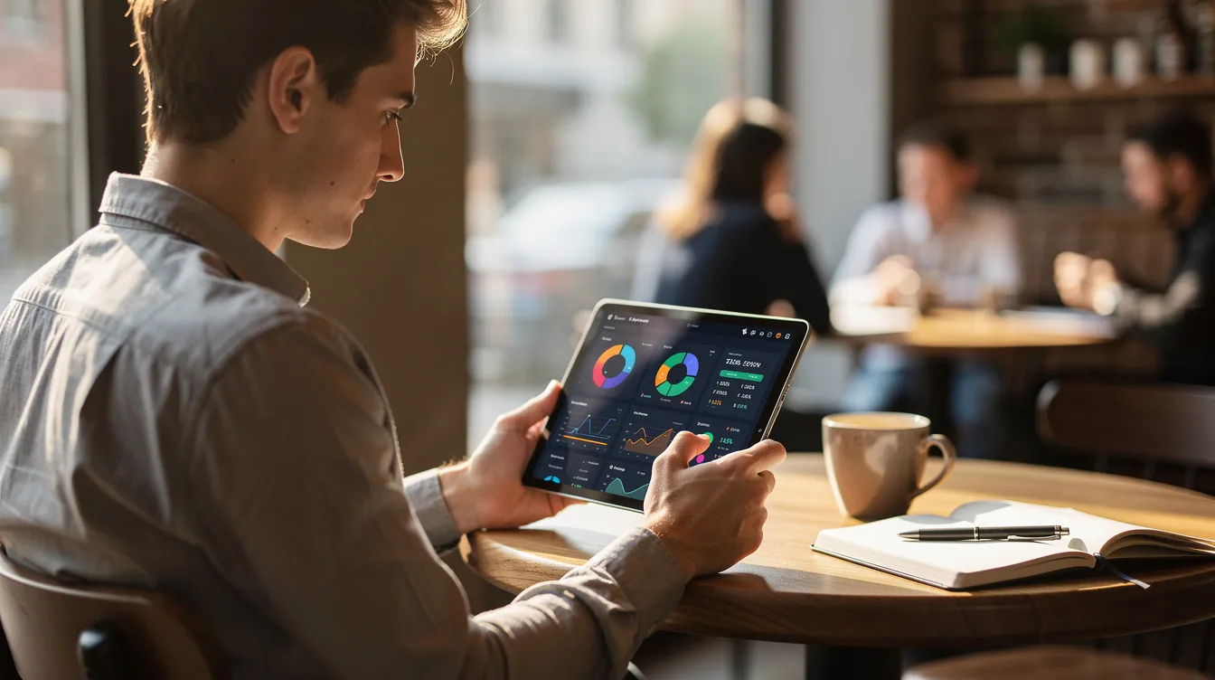An entrepreneur sits at a coffee shop table, intently reviewing product analytics on a tablet, showcasing the use of AI-powered tools for effective product research and dropshipping business management. The scene highlights the integration of artificial intelligence in tracking inventory and analyzing market trends to enhance customer satisfaction and optimize profit margins.