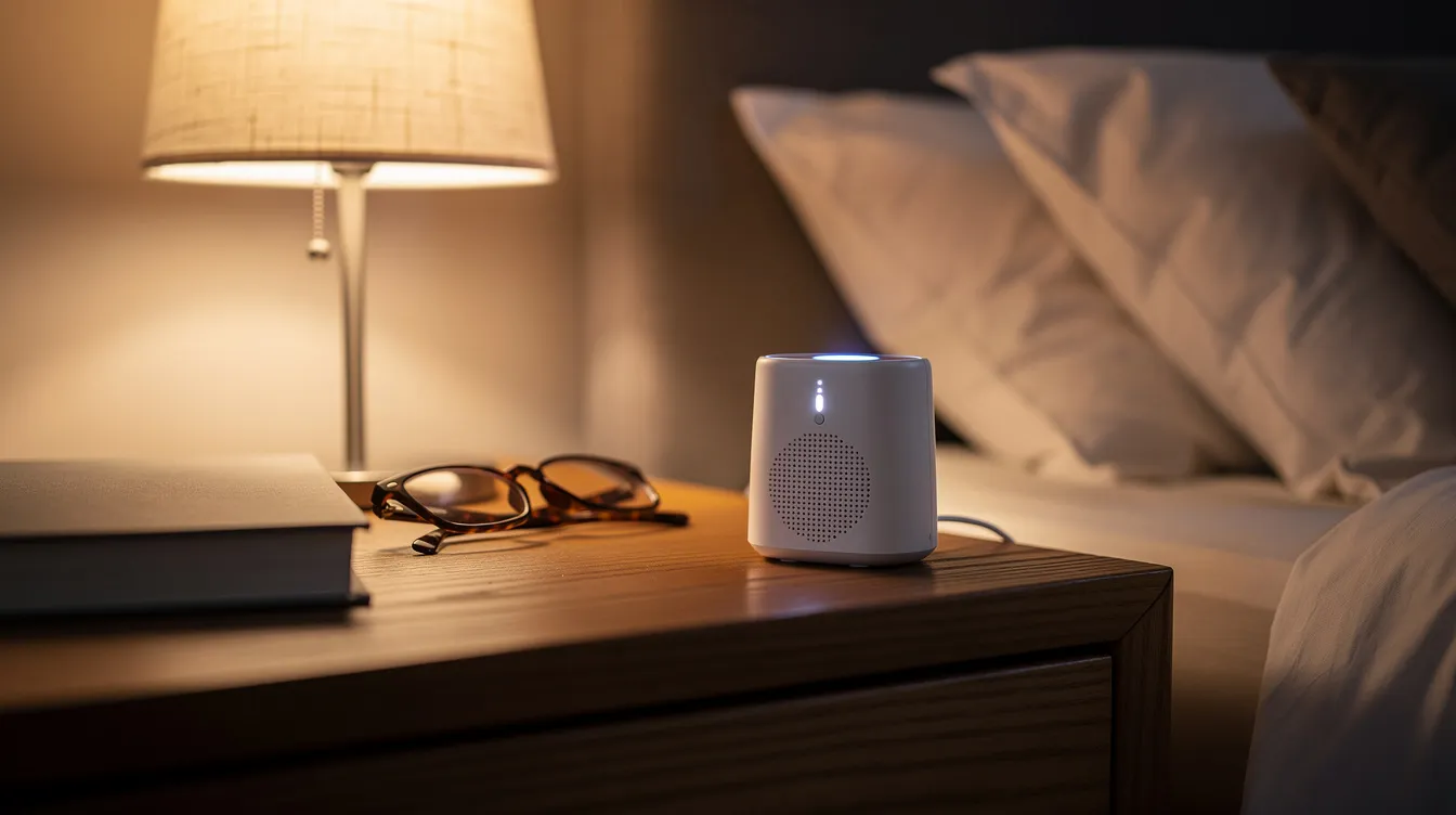A white noise machine sits on a bedside table next to a lamp, designed to block out environmental noise and promote a good night&rsquo;s sleep. This device creates consistent sound, helping to reduce nighttime noise and improve sleep quality in noisy environments.