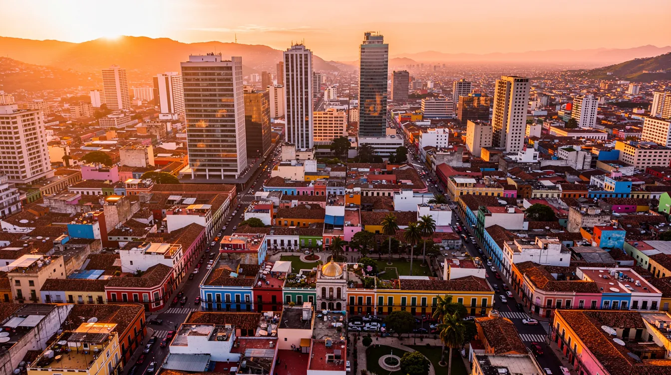An aerial view captures a vibrant Latin American city skyline at sunset, showcasing a blend of modern architecture and traditional buildings bathed in warm hues. This dynamic scene reflects the energy of urban life, reminiscent of the innovative spirit found in leading digital banks that offer services like app-only bank accounts and budgeting tools for everyday banking.