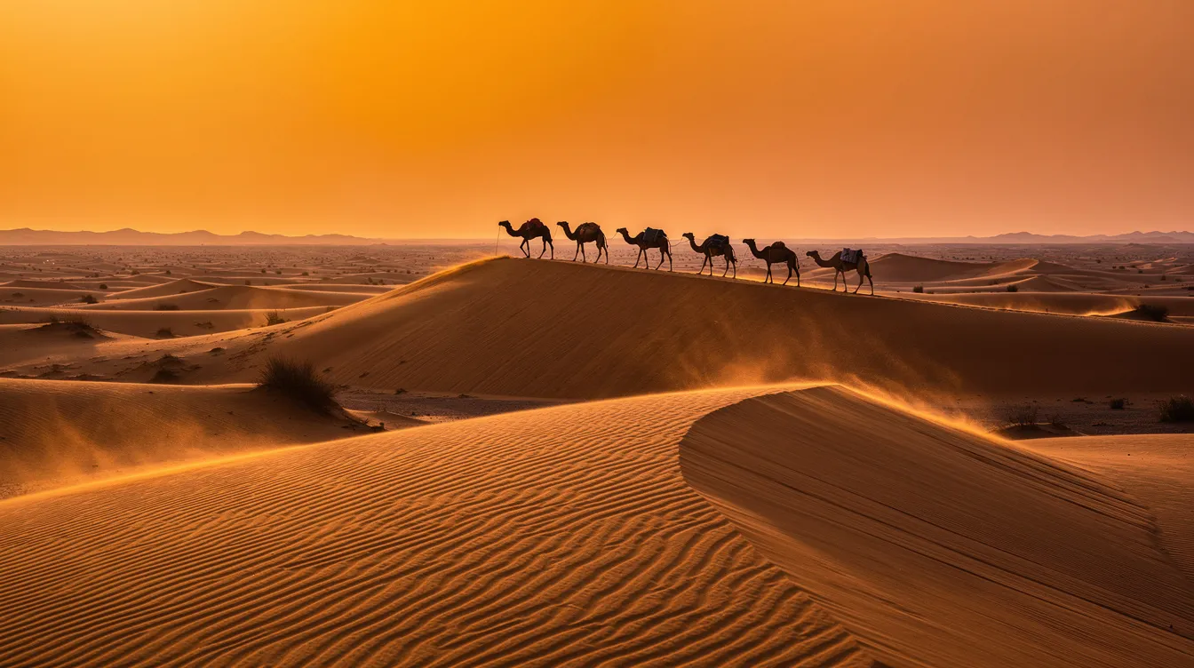 Dunas doradas al atardecer con siluetas de dromedarios en la cresta.