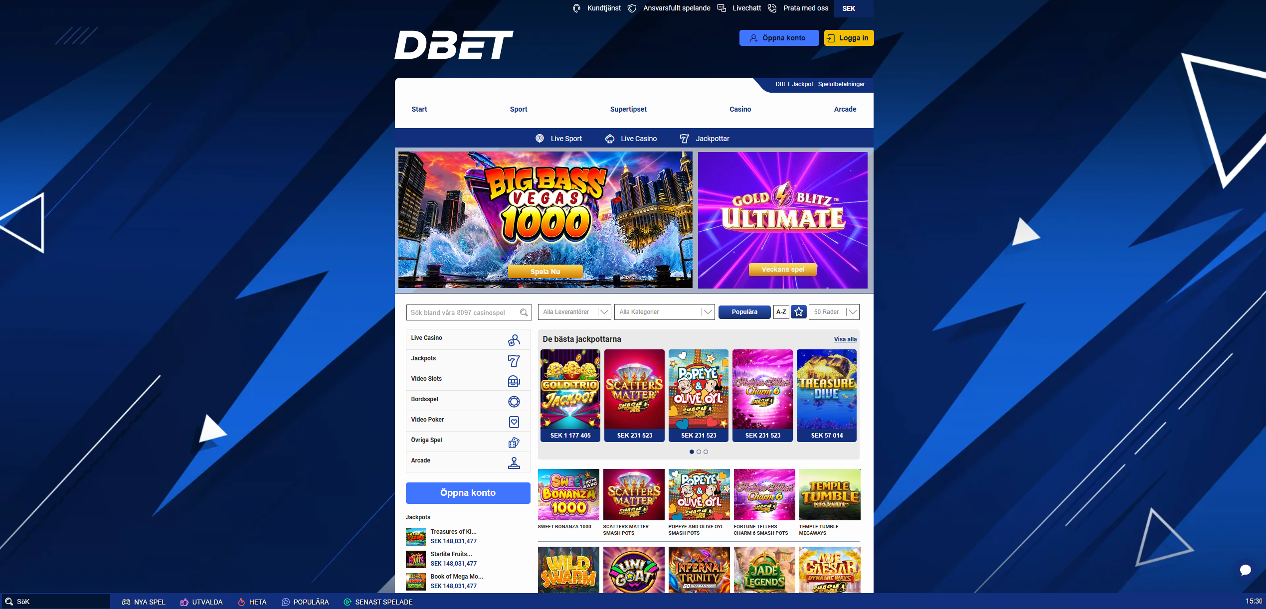 DBET Casino med sökfunktion, spelkategorier, jackpottar och ett stort utbud av casinospel.