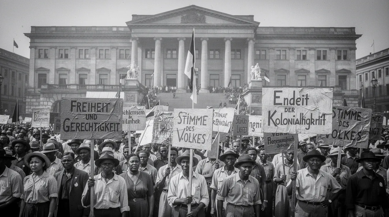 Die Massenkundgebung vor einem kolonialen Regierungsgebäude zeigt zahlreiche Demonstranten, die handgeschriebene Schilder hochhalten, während sie für die Unabhängigkeit Indiens eintreten. Die schwarz-weiße Atmosphäre der 1940er Jahre vermittelt den Geist des gewaltlosen Widerstands, inspiriert von Mahatma Gandhi und seinen Anhängern.