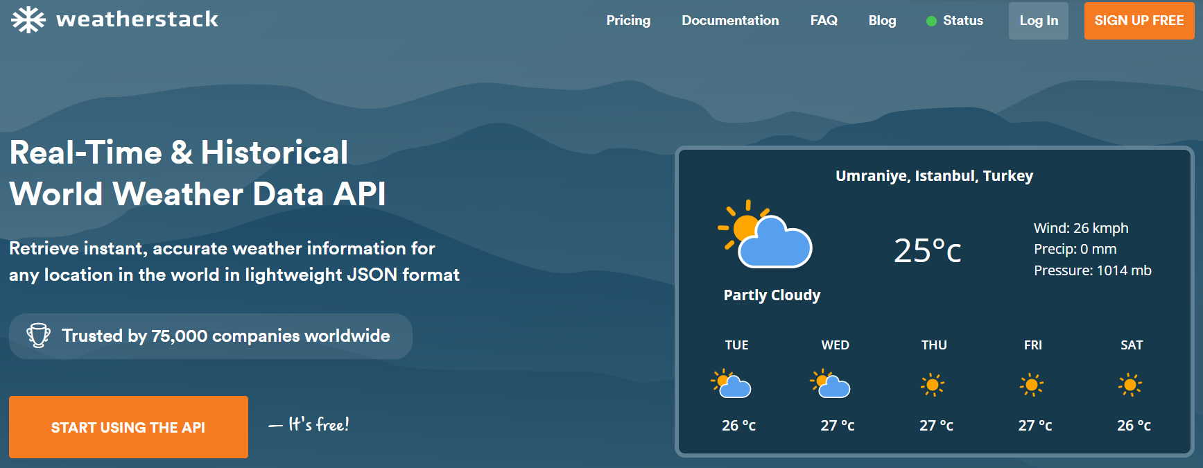 home page of the weatherstack weather api