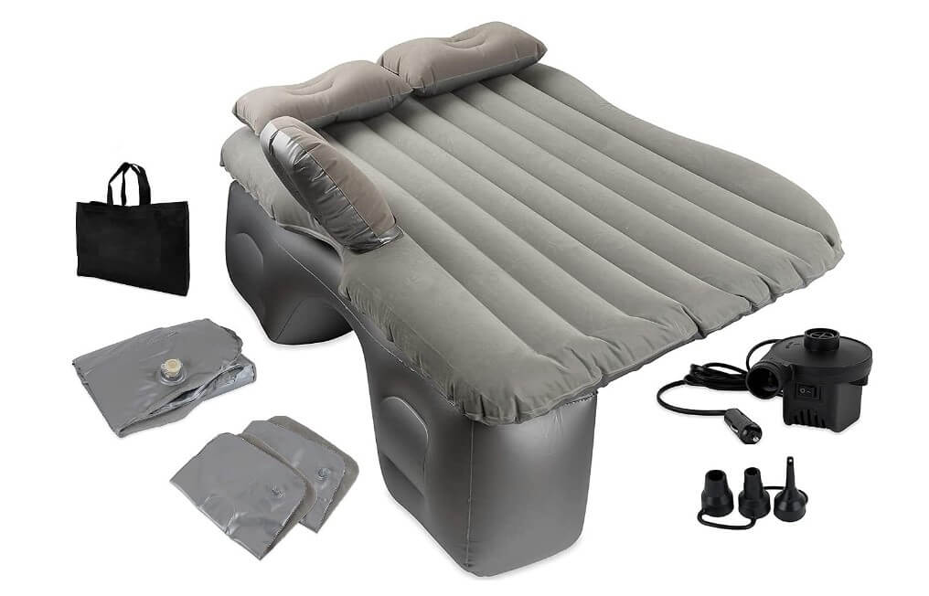 Car air mattress with electric air pump, travel pillows and storage carry bag