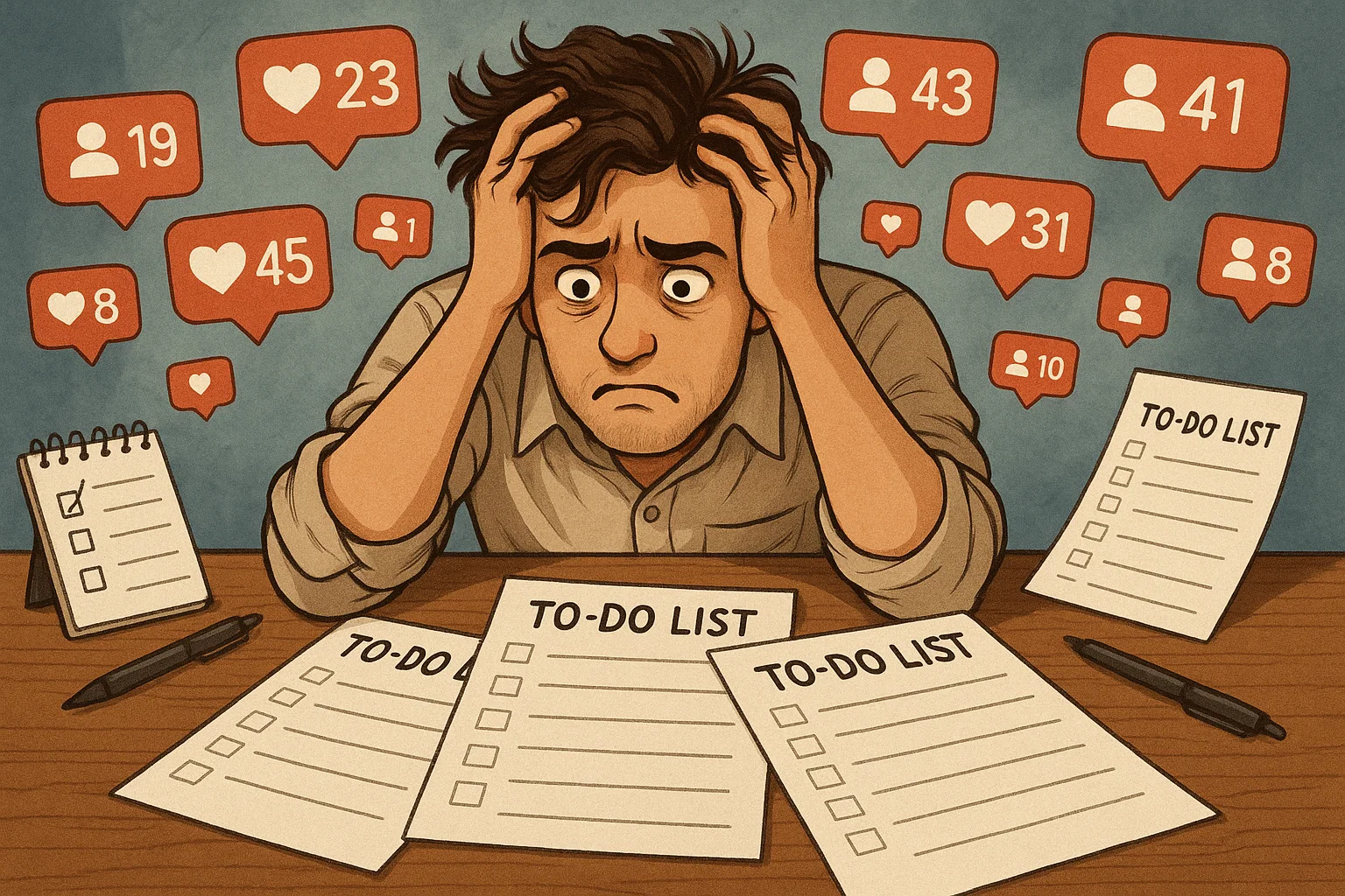 Overwhelmed small business owner surrounded by social media notifications and unfinished to-do lists