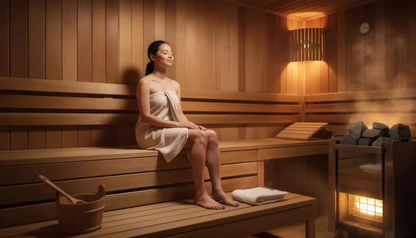 A person is sitting peacefully inside a traditional wooden sauna, surrounded by soft lighting and wooden benches, creating a serene atmosphere for relaxation. This sauna experience promotes health benefits such as improved circulation and stress reduction, making it an ideal setting for enjoying the gentle warmth of dry heat at a comfortable temperature.