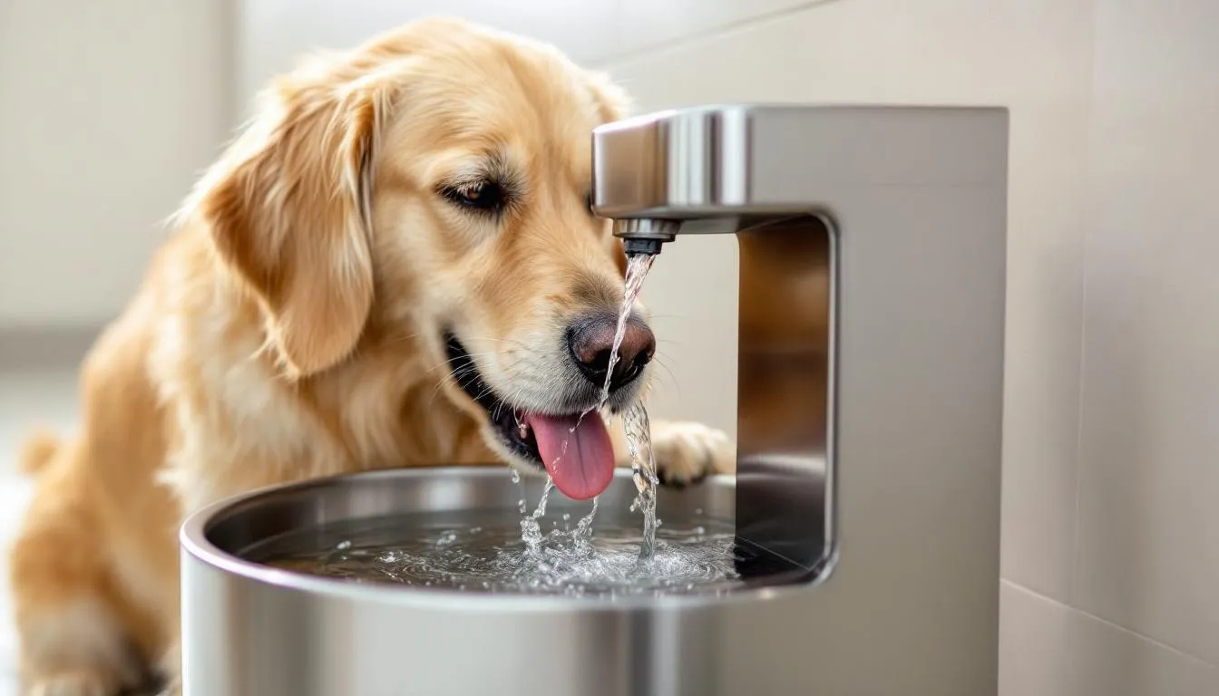 A dog is happily drinking from a stainless steel water fountain with fresh flowing water, showcasing its healthy hydration habits. Ensuring that dogs stay well-hydrated can help prevent issues like constipation, which can affect their overall digestive health.