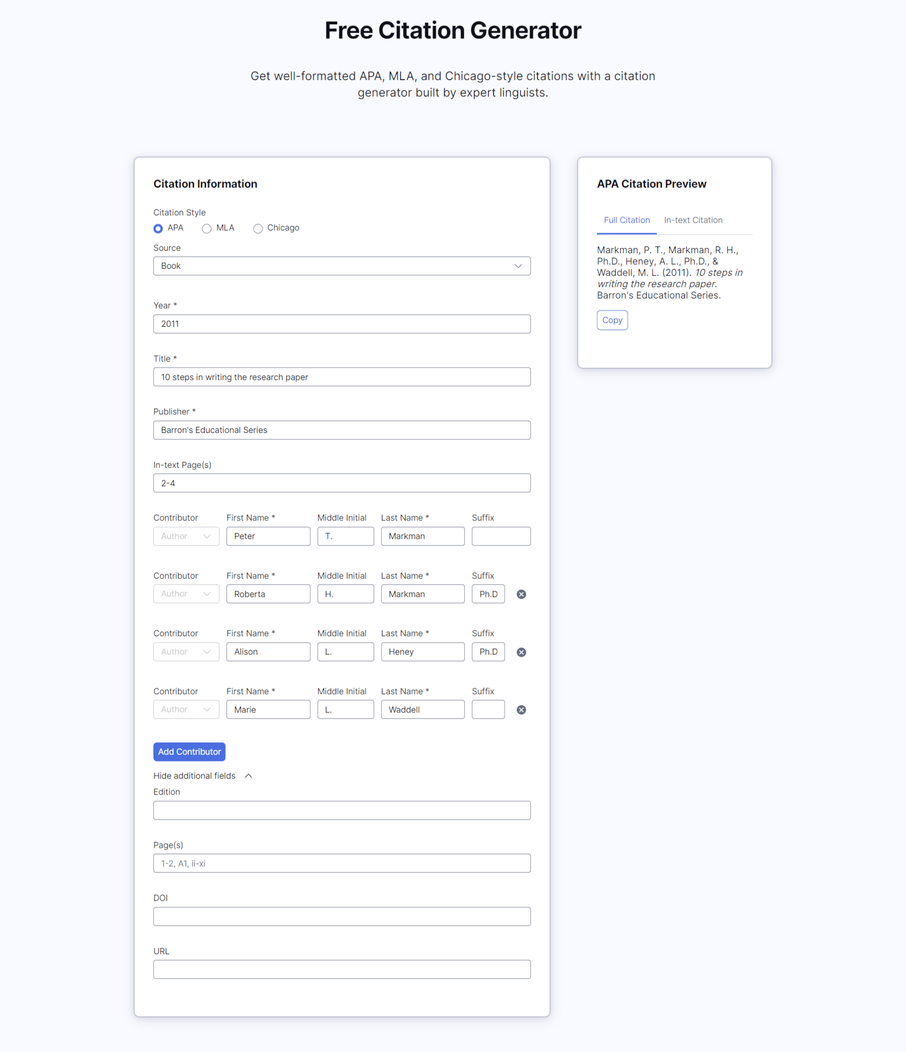 Screenshot of Grammarly's citation generatator.