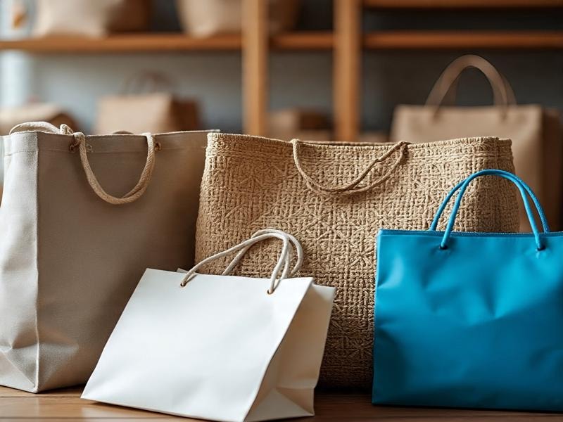 An image showing four shopping bags placed together, including a tall beige bag, a large textured brown woven bag, a smaller white bag, and a bright blue bag.