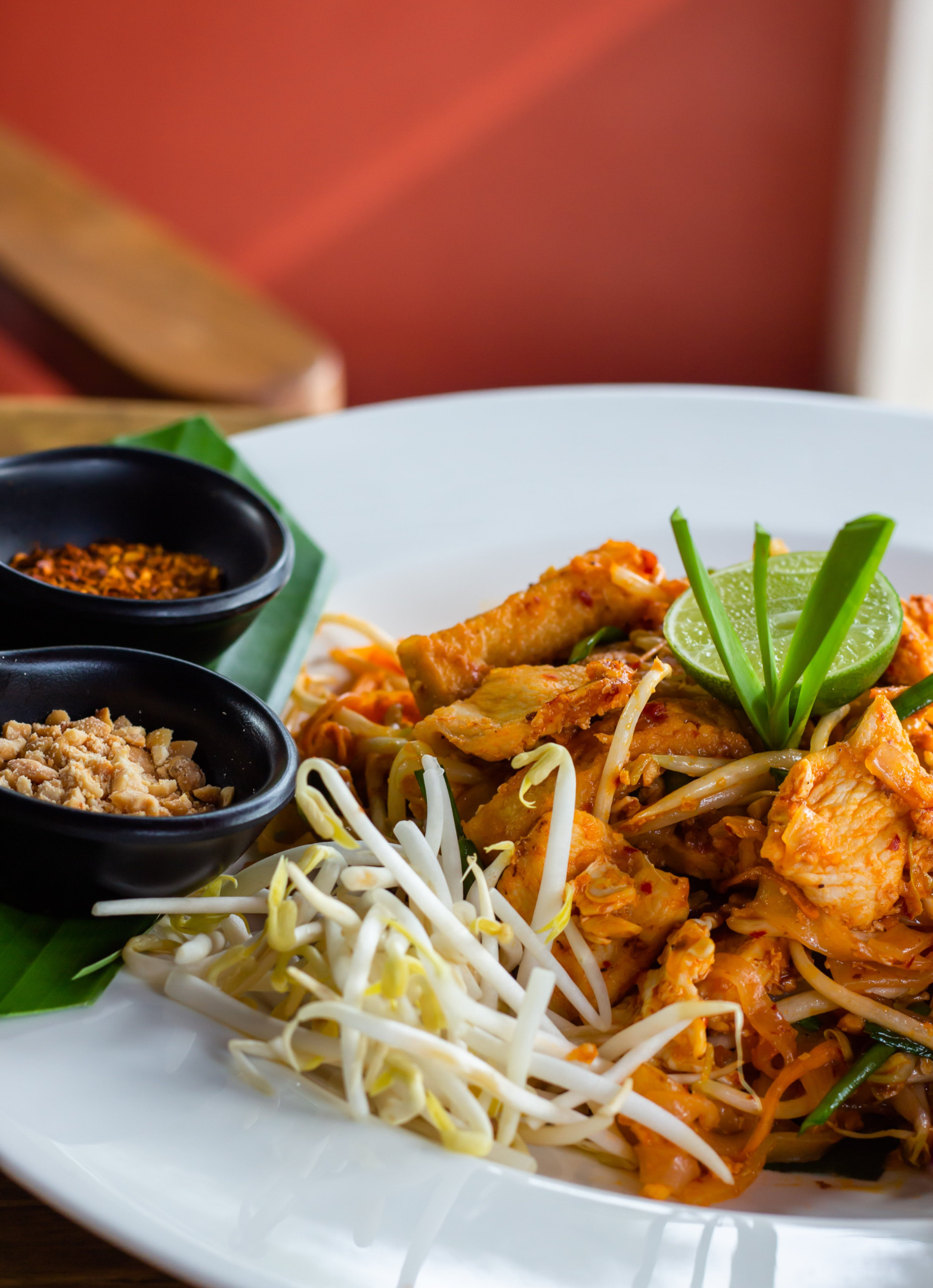 Delicious pad thai noodles garnished with fresh herbs and peanuts - a popular Thai dish for food lovers.